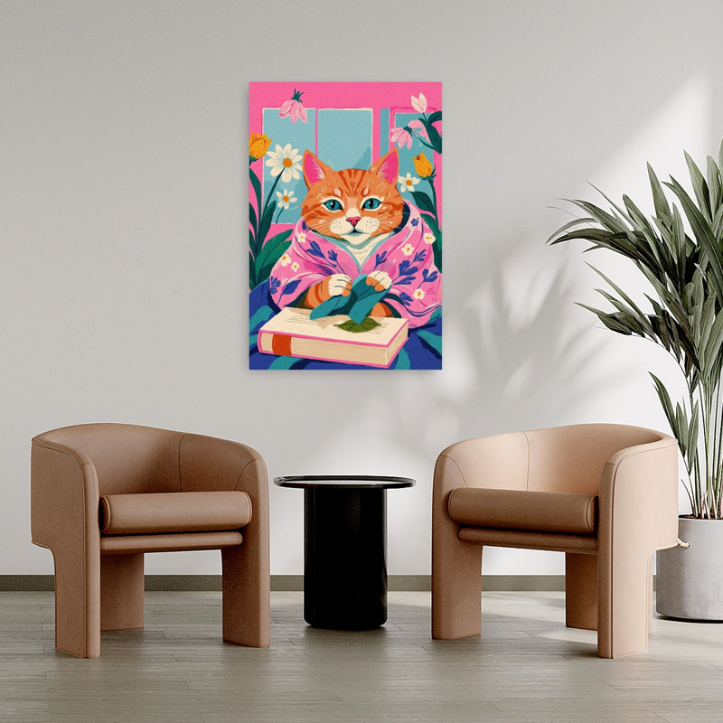 Cozy Cat Reader Contemporary Cat Flower Wall Art Print 1 Piece Wrapped Canvas Wall Art, 91.44cm H x 60.96cm W