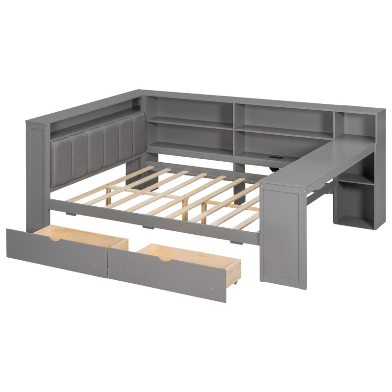 Lit plateforme double avec tablettes et tiroirs de rangement, Grey, Full