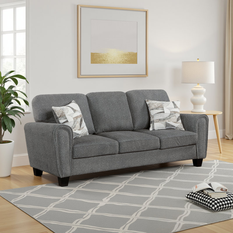 Ochee 85" Modern & Contemporary Chenille Sofa with Reversible Back Cushions & Included Décor Pillows, Dark Gray Chenille