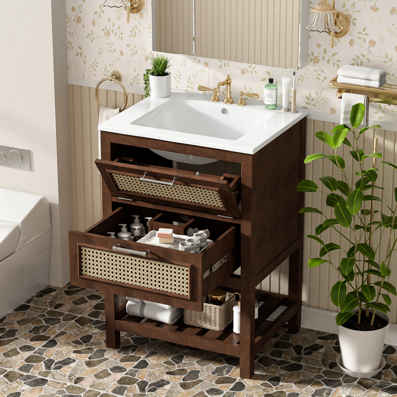 Meuble-lavabo de 24 po avec lavabo attaché, conception compacte et spacieuse, poignées en fer, adultes faciles à assembler, ajustement à 4 robinets, aspect contemporain brun foncé