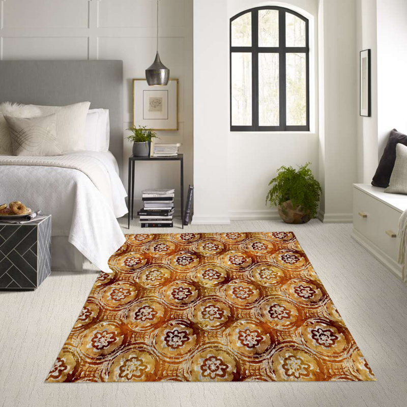 Tapis orange / brun en polyester tissé à la machine, Rectangle 2 pi x 3 pi
