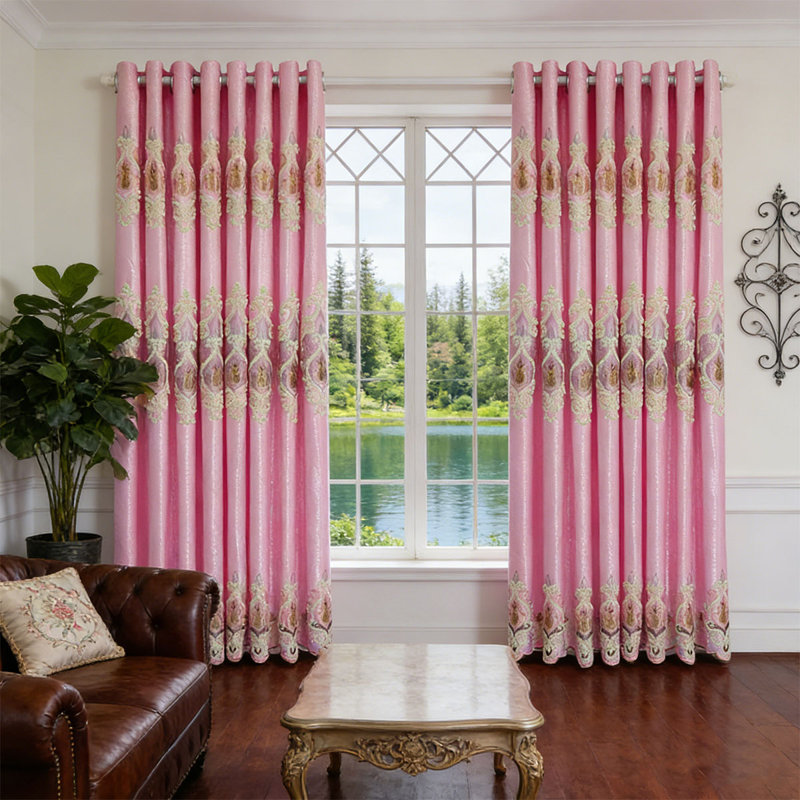 Tête de rideau brodée 2 panneaux à motif de vagues roses, 51" W x 104" L