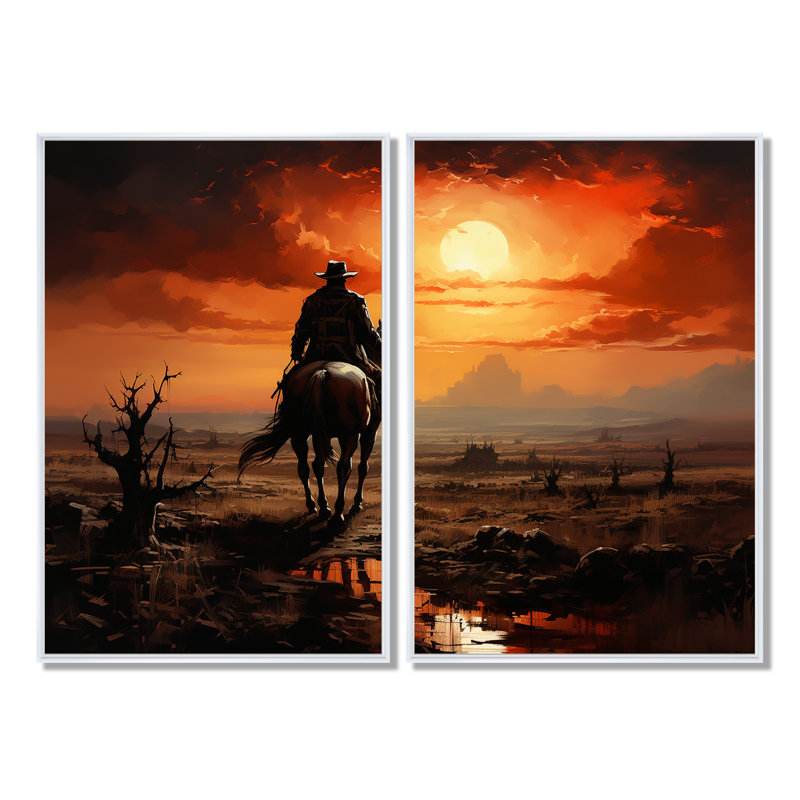 Cowboy Sunrise On The - ensemble de 2 décorations murales orange, H 36 po x l 48 po, Impression encadrée flottante, Blanc