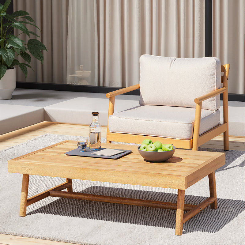 Ensemble de conversation en bois d'acacia, fauteuil club et table basse avec coussin résistant à l'eau, teck et beige