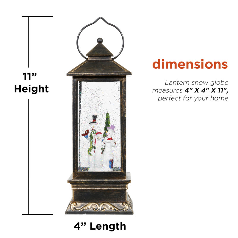 11"H Indoor Lantern Snowman Snow Globe Holiday Decoration with LED Light, Brushed Bronze