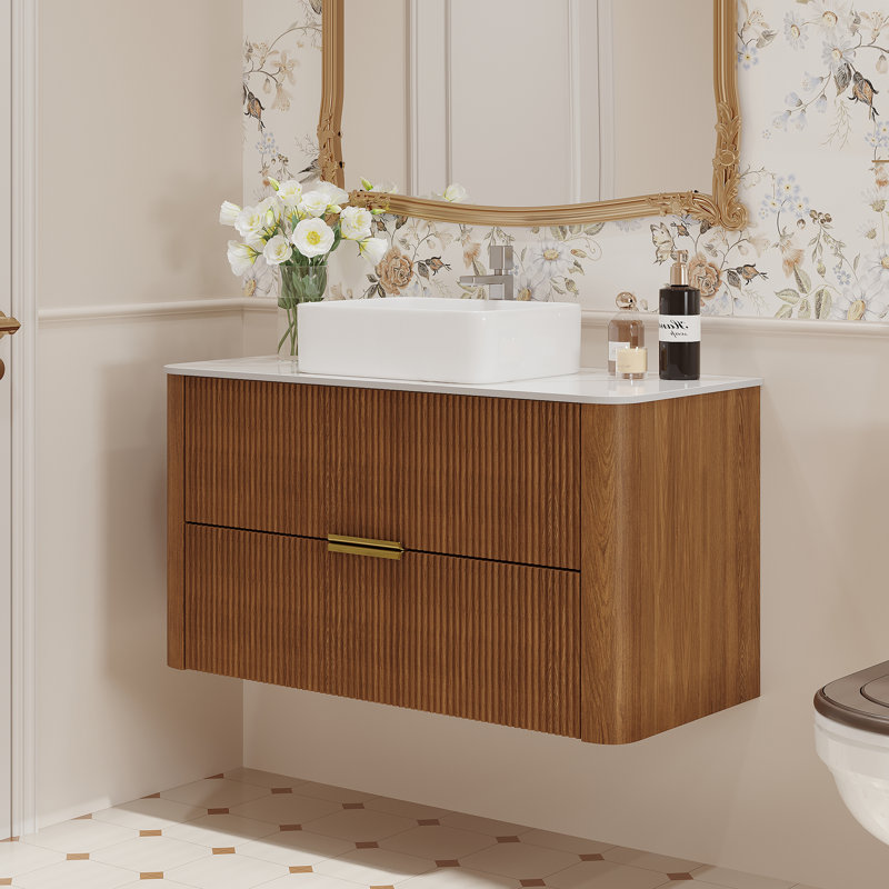 Meuble-lavabo de luxe moderne en pierre frittée 36 po 36 po, lavabo mural avec deux tiroirs et poignée dorée, lavabo doré