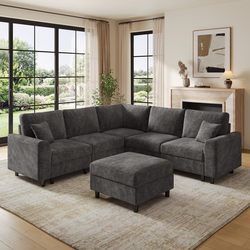 Canapé modulaire en chenille réversible de 129 pouces de largeur de 129 pouces avec repose-pieds gris foncé, Gris foncé
