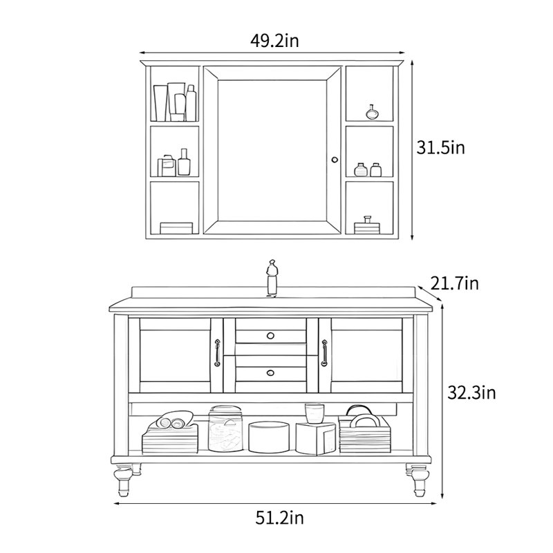 Meuble-lavabo simple de style américain rétro, H 32,3 po x l 51,2 po x P 21,7 po, Brun