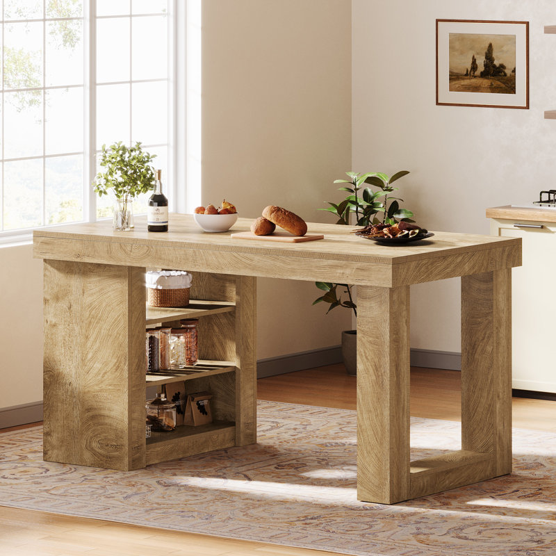 Îlot de cuisine avec tablette de rangement, table de préparation de ferme de 55 po avec grand plateau de table épais et espace pour les jambes, bois naturel