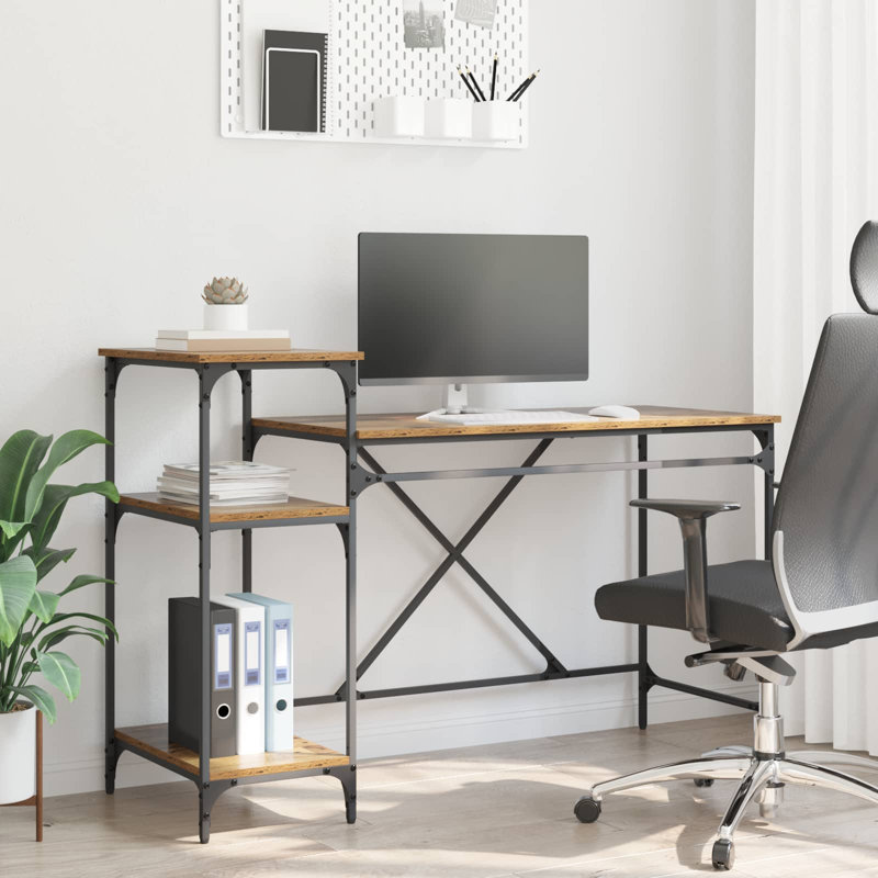 Metal Base Computer Desk, Old Wood, 90cm. H x 135cm. W x 50cm. D