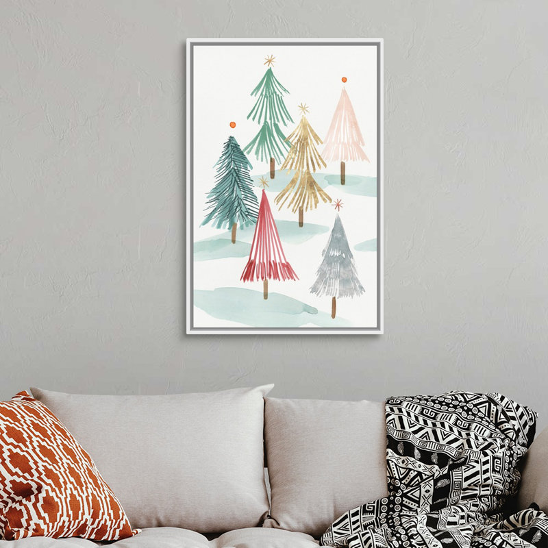 Arbres de Noël I - reproduction d'art sur toile, H 38 po x l 26 po x P 1,75 po, Cadre blanc