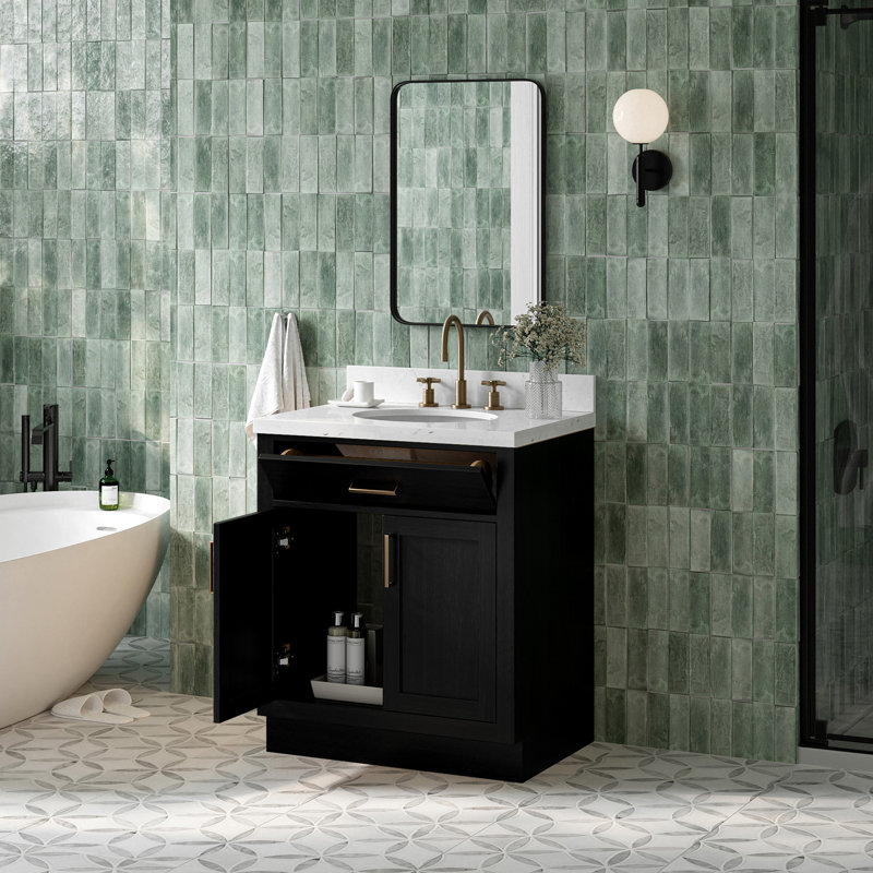 Tidworth 30'' Solid Wood Single Bathroom Vanity with 1.5'' Carrara Quartz Top, Oval, Black Oak / Satin Brass
