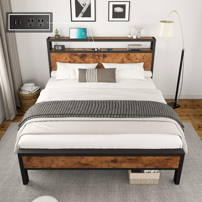 Tryston Bed Frame Industrial Platform Bed with Charging Station