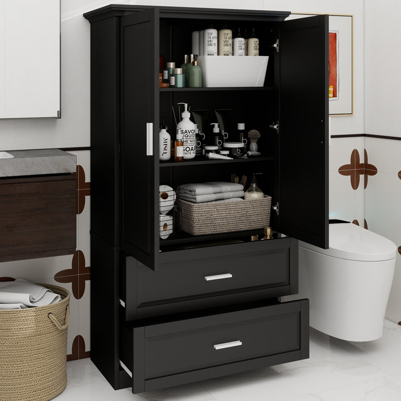 Armoire de rangement haute pour salle de bain, armoire avec deux portes et tiroirs, tablette réglable, panneau de fibres à densité moyenne, noir