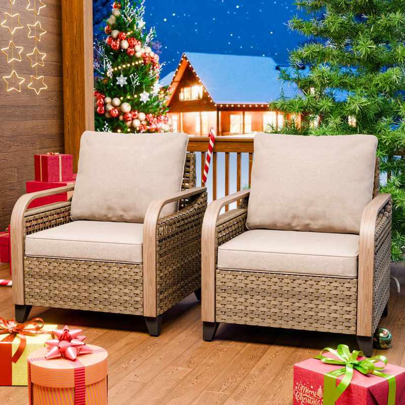 Gray Wicker Outdoor Armchairs with Cushions, Set of 2