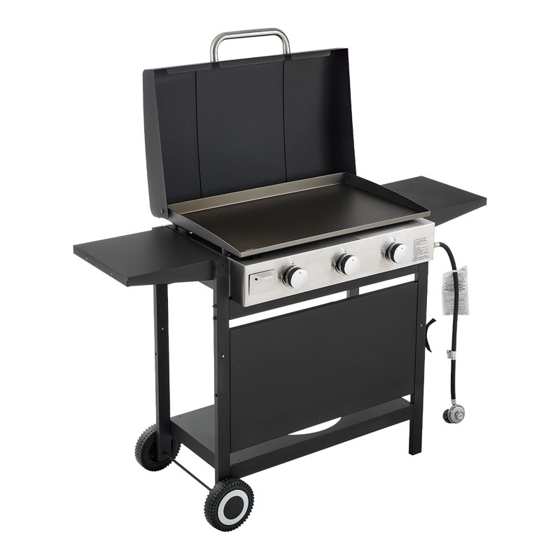 Plaque chauffante au gaz, plaque chauffante à 3 brûleurs, plaque chauffante au propane avec roulettes, couvercle, 3 barbecues d'extérieur à plaque plate de 11 000 BTU pour la friture, le gril, le sauté et le barbecue, l'allumage par impulsion et la conception du plateau amovible