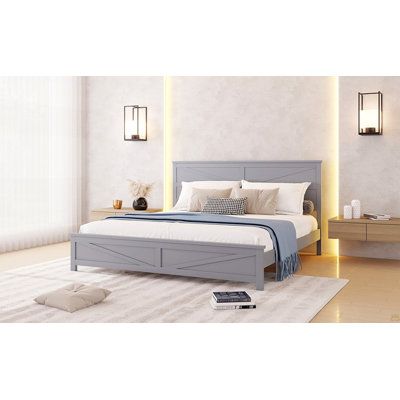 Tête de lit et pied de lit de style campagnard très grand avec porte de grange de style campagnard, lit en bois de pin avec cadre de lit renforcé, gris