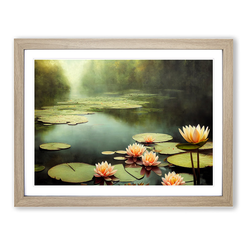 Misty Water Lily Pond - Framed Print, 25cm H x 34cm W, Oak Framed