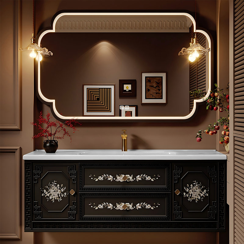 Meuble-lavabo vintage en bois d'hévéa imprimé avec lavabo en céramique, 2 tiroirs et 2 portes, miroir intelligent