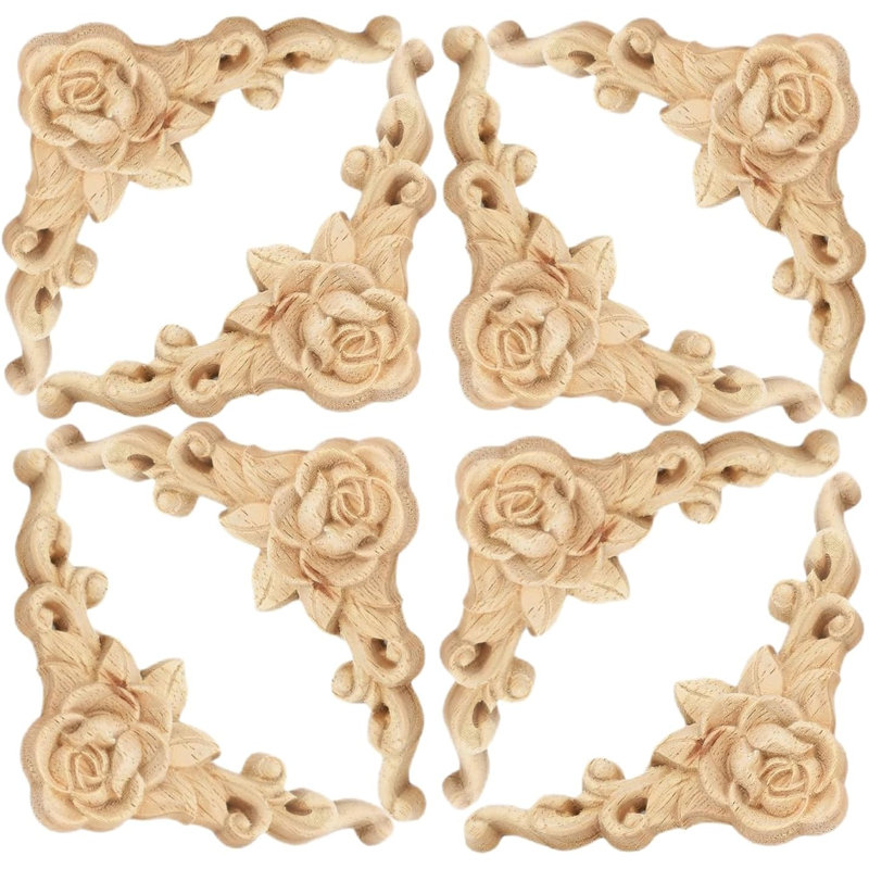 Appliques en bois sculptées, décalcomanies en coin rose 8 pièces, découpes de rosettes en bois non peintes