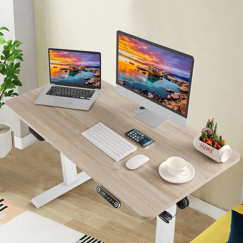 Koni Height Adjustable Gaming Standing Desk with Built in Outlets, Beige/White