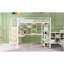Lit mezzanine double en métal avec escalier de rangement et petite armoire, bureau intégré et tablettes de rangement, blanc