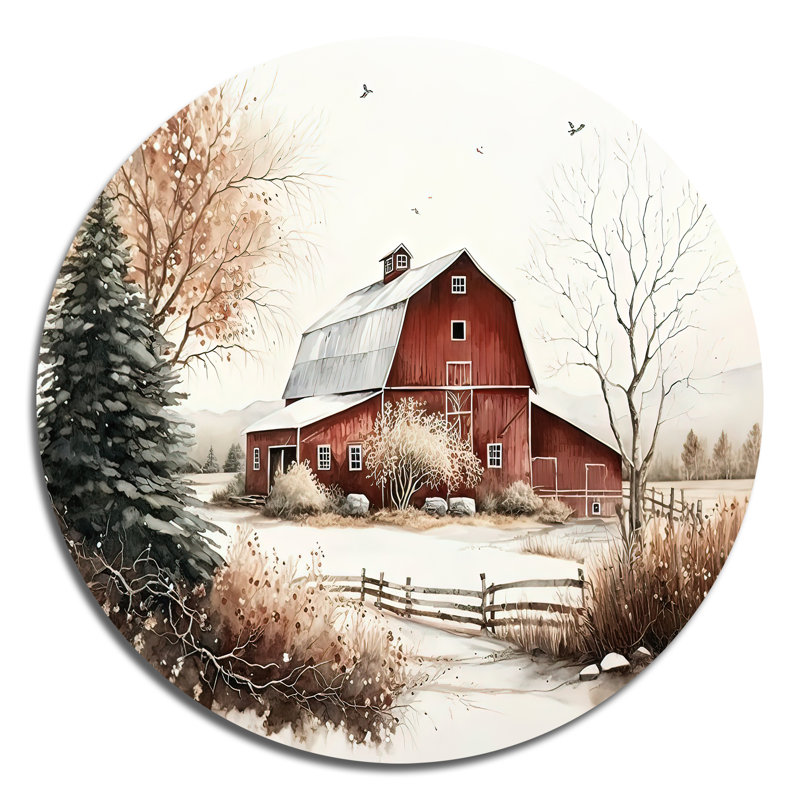 Église en campagne pendant l'hiver I - art spirituel rond en métal, H 16 po x l 16 po