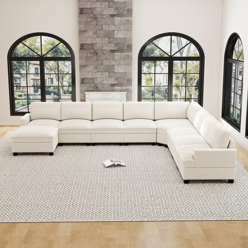 Spacious 9-Piece Corduroy Nailhead-Trimmed Corner Sectional Sofa, Couch With Ottoman, Beige Corduroy