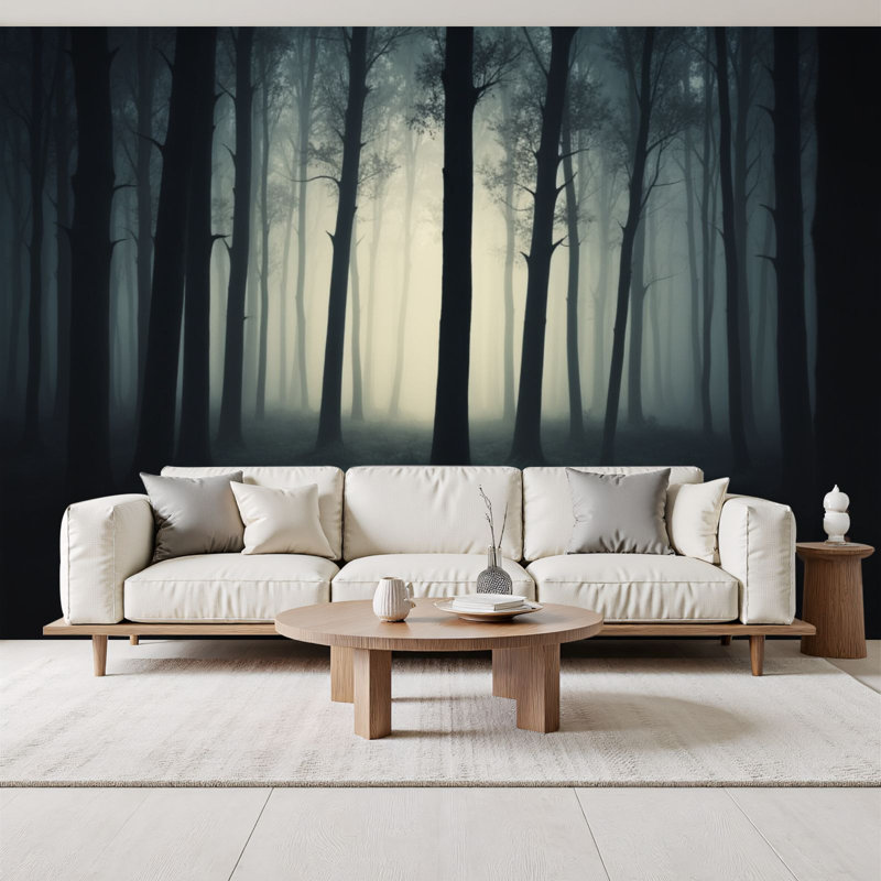 Papier peint auto-adhésif Misty Dark Forest Tall Trees Foggy Atmosphere, L 96 po x l 69 po