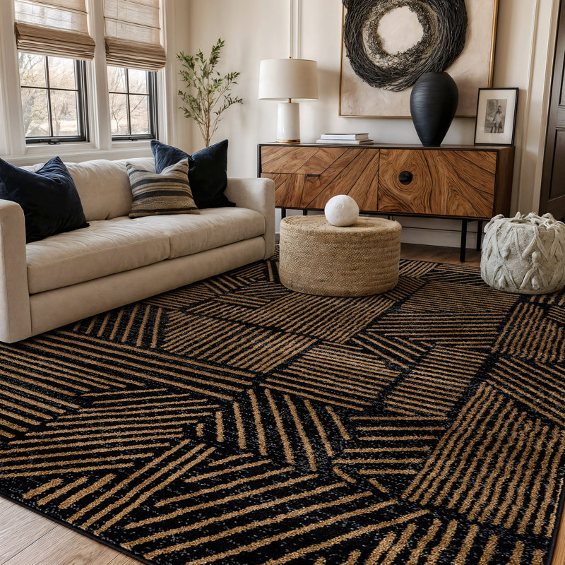 Rambo Geometric Black/Ivory Area Rug, Rectangle 3' x 5', Camel
