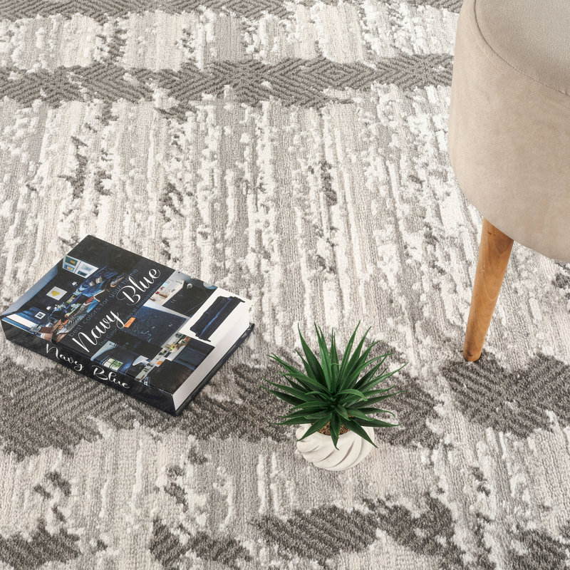 Alison Gray & Ivory Abstract High-Low Modern Rug, 2'0" x 6'0", Gray/Ivory