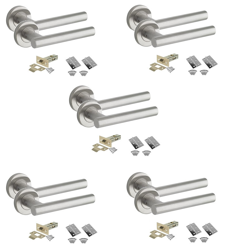 Golden Grace 5 Sets Straight T-Bar Door Handles Pack in Stainless Steel Finish with Tubular Latch and Hinges