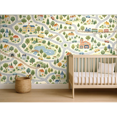 Kids City Street Map Wallpaper Mural, Peel and Stick Kids Room Wall Mural, Watercolor Nursery Wallpaper Made to Measure