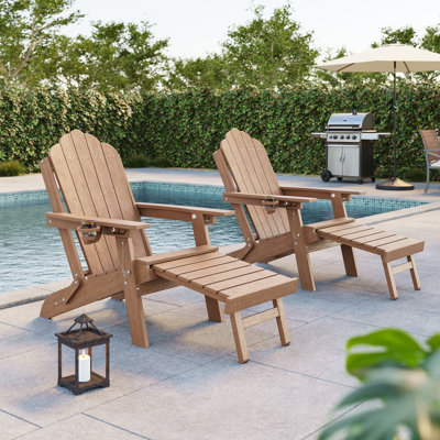 Folding Adirondack Chair with Retractable Ottoman & Cup Holder, 3-Position Adjustable for Patio, All-Weather Outdoor Seating