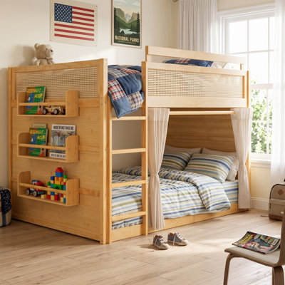 Lit superposé double avec tablette de rangement à 3 niveaux, décoration en rotin, rideaux d'intimité et éclairage, cadre en bois, naturel