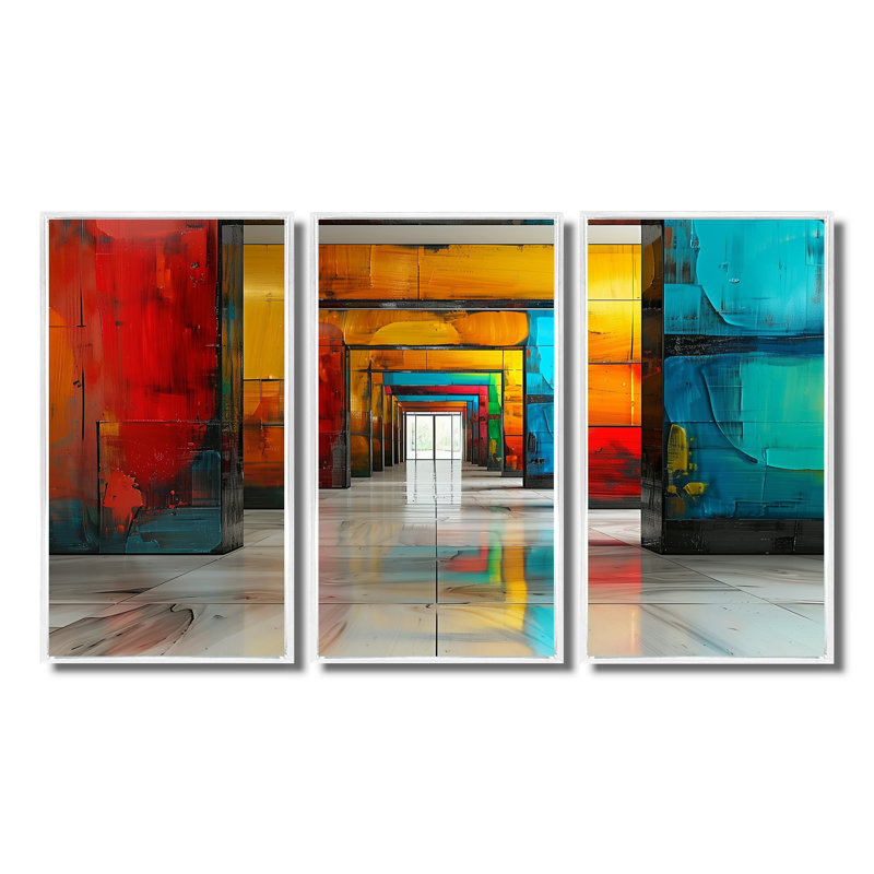 «Red Blue Colorful Glass Tunnels II - Tunnels», ensemble d'art mural, Toile encadrée flottée blanche