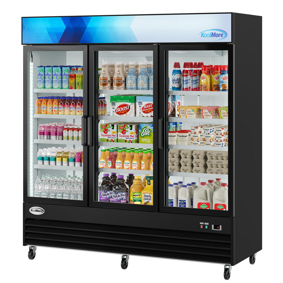 78 in. 53 cu. ft. 3 Door Commercial Refrigerator in Black Steel with Glass Door KoolMore