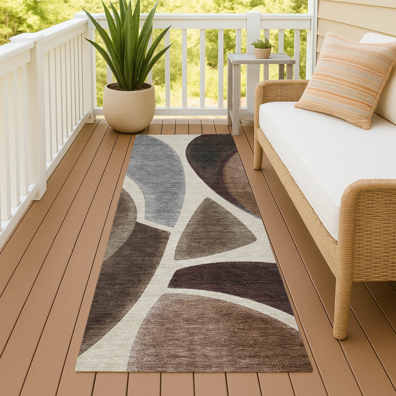 Tapis abstrait lavable à la machine intérieur / extérieur ACN2537, Beige, Tapis de couloir 2 pi 3 po x 7 pi 6 po