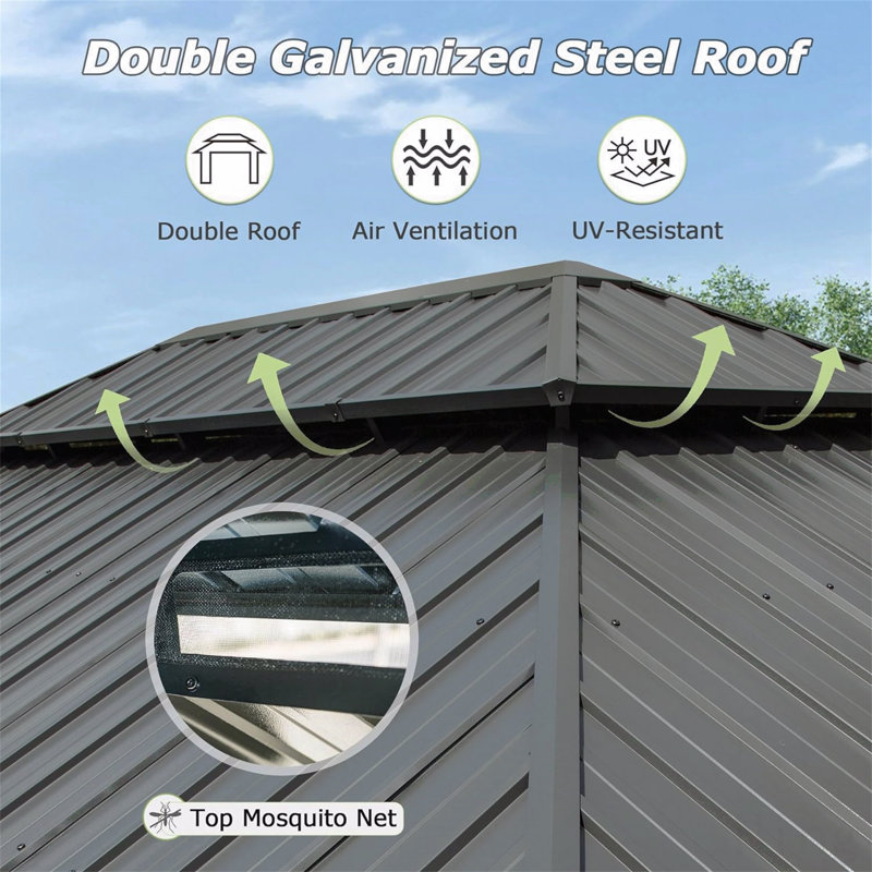 12X18FT Gazebo Aluminum, Mosquito Net For Outdoor Use With Galvanized Steel Double Roof, 120" H x 213.6" W x 142.8" D, Gray