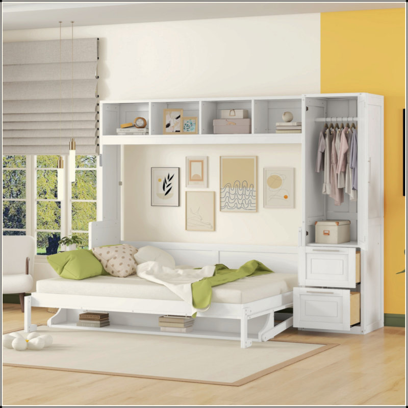 Lit escamotable Murphy avec placard et tiroirs, Blanc