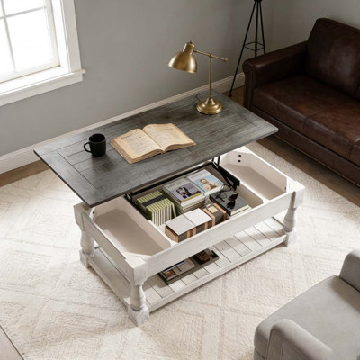 Table basse à plateau relevable avec tablette fixe Farmhouse - 3 plateaux de rangement cachés