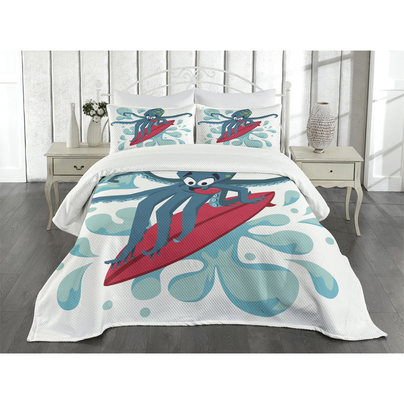 Ensemble de couvre-lit Ambesonne Ride the Wave Surfer Octopus bleu pétrole / turquoise