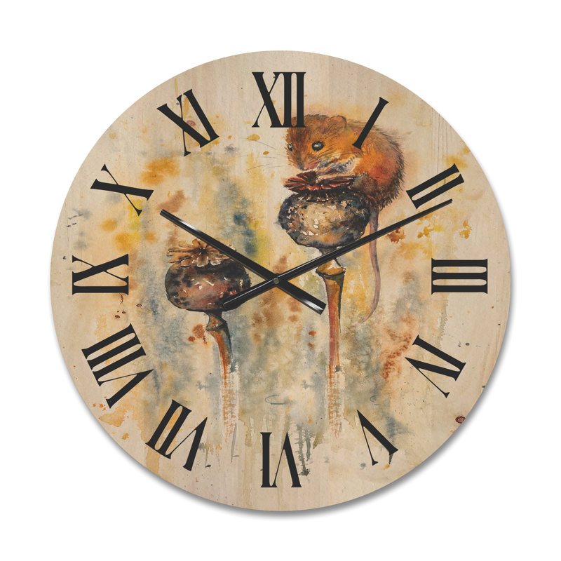 Souris assise sur une horloge murale en bois coquelicots, Moyen