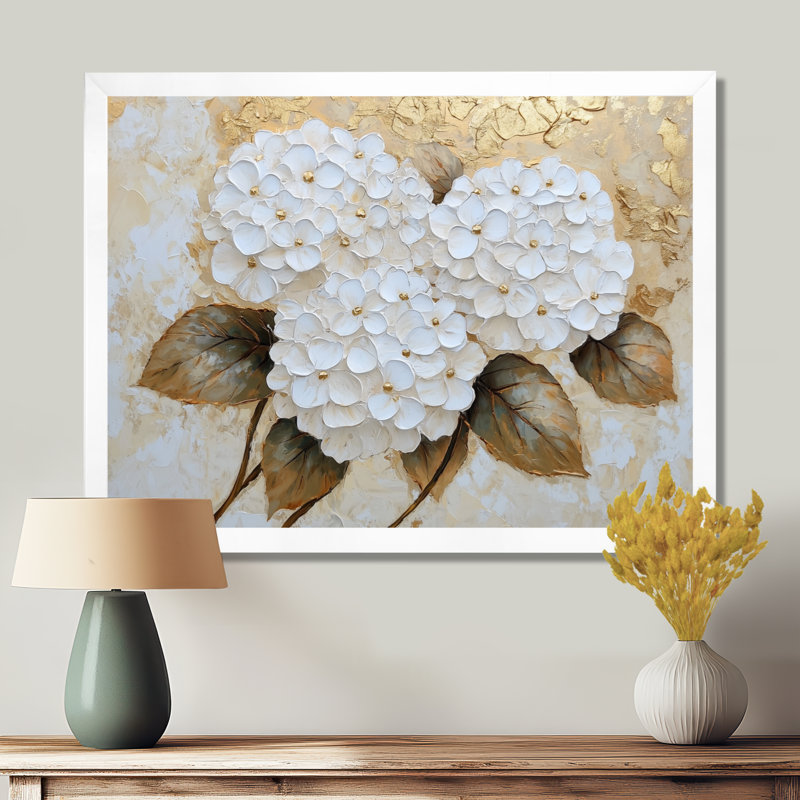Harmonie d'hortensias dorés I - impression d'art d'hortensias, H 16 po x l 32 po, Blanc