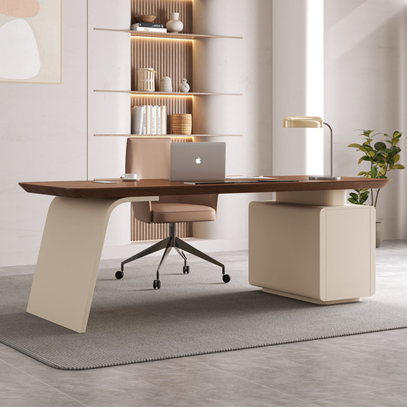 Bureau rectangulaire à 3 tiroirs en bois manufacturé brun noyer + cristal crème, H 29,53 po x l 78,74 po x P 27,56 po