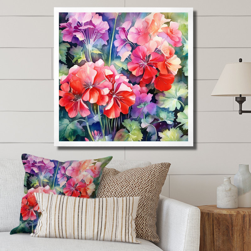 Corail vert géraniums fleur euphonie sur toile, H 16 po x l 16 po x P 1 po, Cadre photo blanc