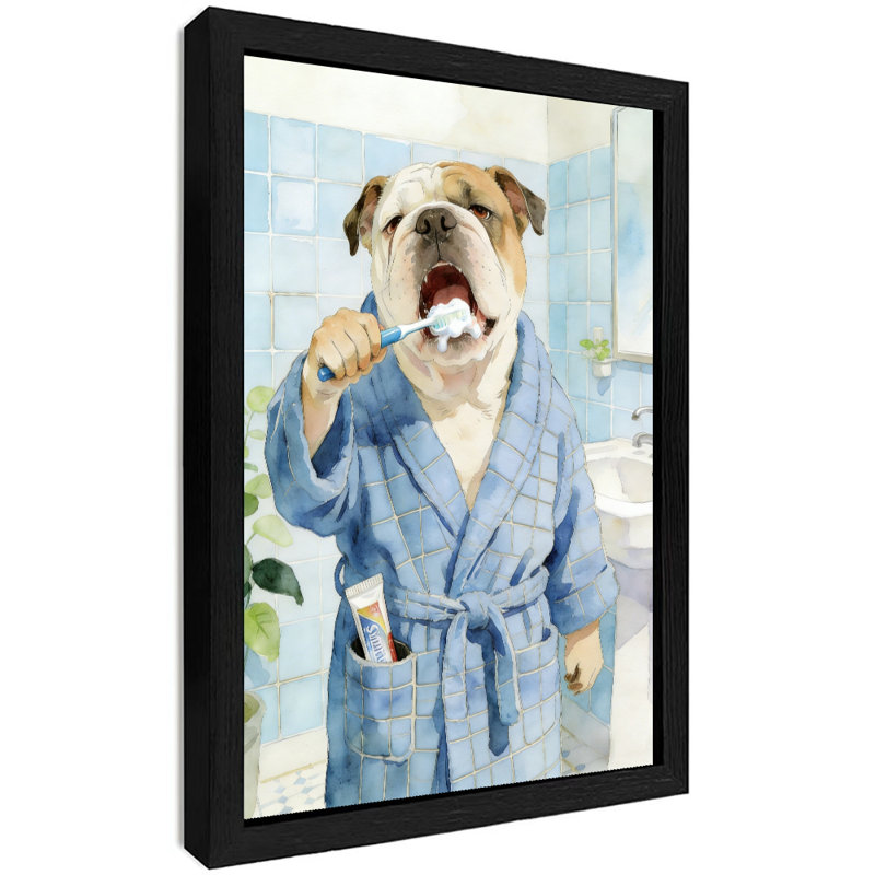 «Black Bulldog Vintage» encadré noir, vaisselle dans la salle de bain, impressions encadrées de style créatif et amusant