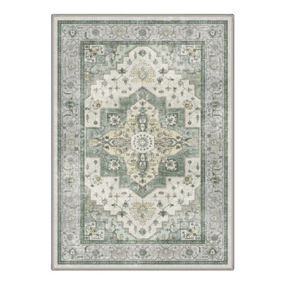 Aurelia Vintage Floral Machine Washable Green / Beige Indoor Area Rug with Non-Slip Backing