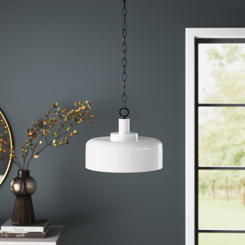 White Metal Pendant Light with Black Chain, 14 Inches