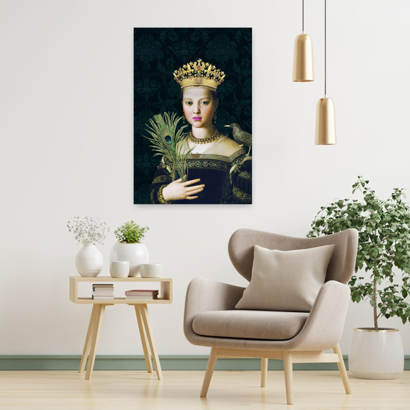 Regal Queen With Peacock Contemporary Bird Portrait Wall Art Print 1 Piece Wrapped Canvas Wall Art, 91.44cm H x 60.96cm W